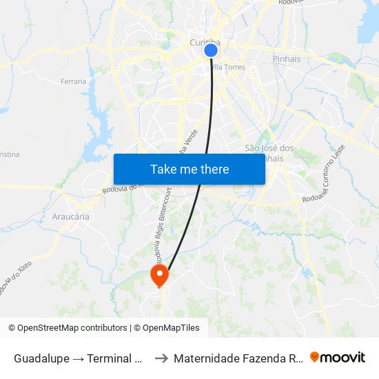 Guadalupe → Terminal Pinheirinho to Maternidade Fazenda Rio Grande map