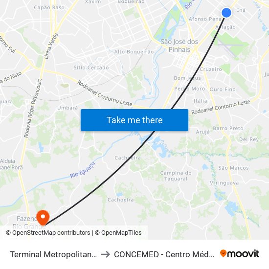 Terminal Metropolitano Afonso Pena to CONCEMED - Centro Médico e Diagnóstico map