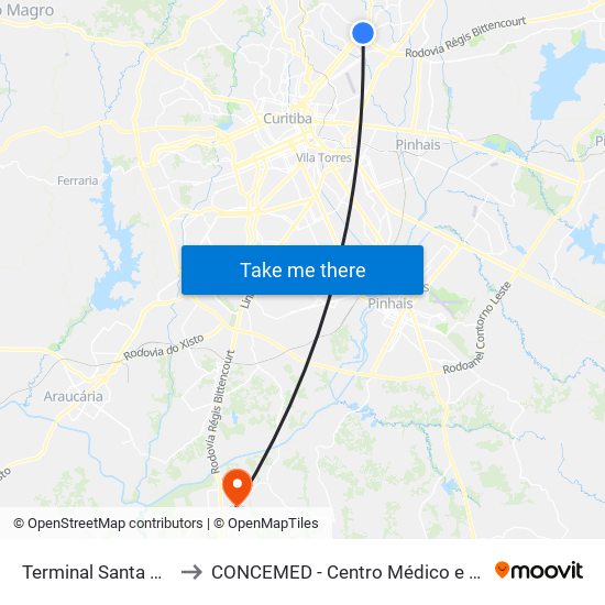 Terminal Santa Cândida to CONCEMED - Centro Médico e Diagnóstico map