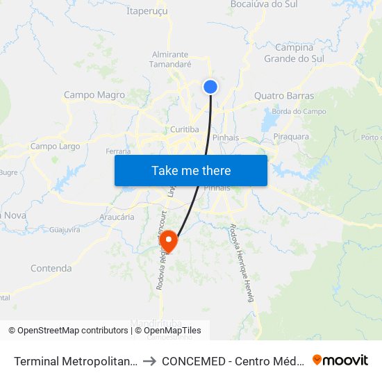 Terminal Metropolitano Roça Grande to CONCEMED - Centro Médico e Diagnóstico map