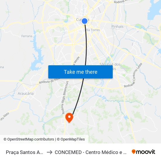 Praça Santos Andrade to CONCEMED - Centro Médico e Diagnóstico map