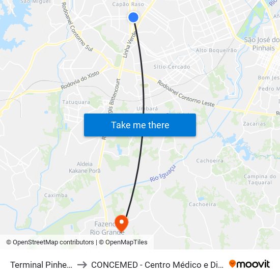 Terminal Pinheirinho to CONCEMED - Centro Médico e Diagnóstico map