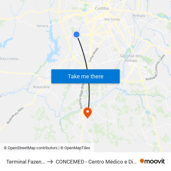 Terminal Fazendinha to CONCEMED - Centro Médico e Diagnóstico map