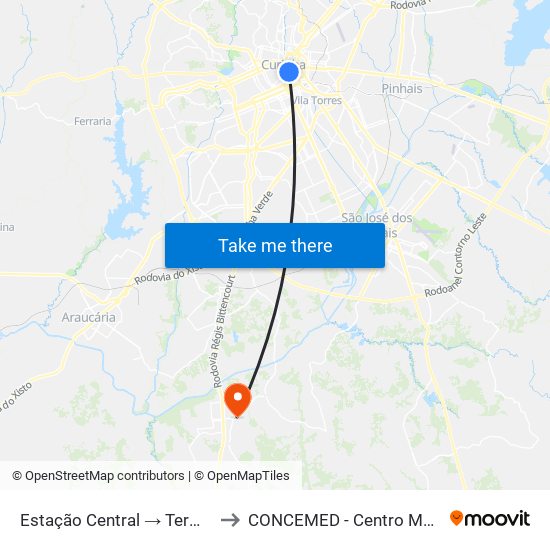 Estação Central → Terminal Santa Cândida to CONCEMED - Centro Médico e Diagnóstico map