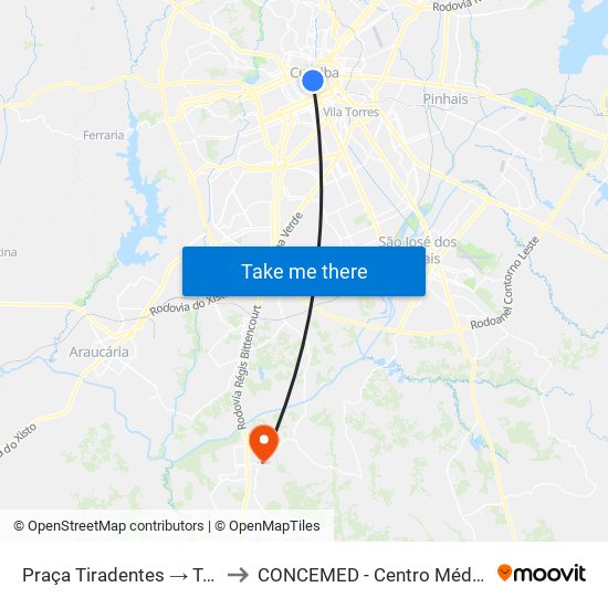 Praça Tiradentes → Terminal Pinhais to CONCEMED - Centro Médico e Diagnóstico map