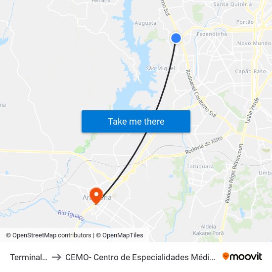 Terminal Caiuá to CEMO- Centro de Especialidades Médicas e Odontológicas map