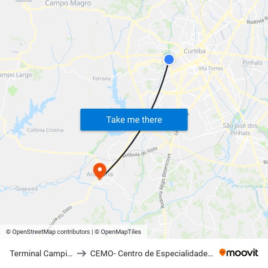 Terminal Campina Do Siqueira to CEMO- Centro de Especialidades Médicas e Odontológicas map