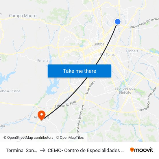 Terminal Santa Cândida to CEMO- Centro de Especialidades Médicas e Odontológicas map