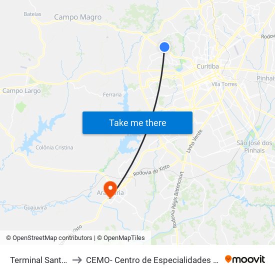 Terminal Santa Felicidade to CEMO- Centro de Especialidades Médicas e Odontológicas map