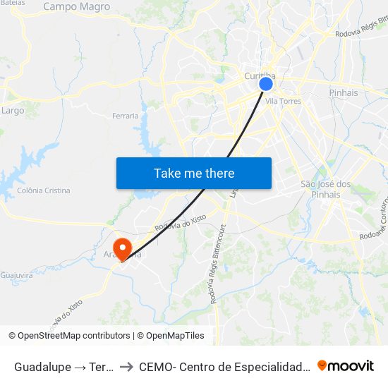 Guadalupe → Terminal Pinheirinho to CEMO- Centro de Especialidades Médicas e Odontológicas map