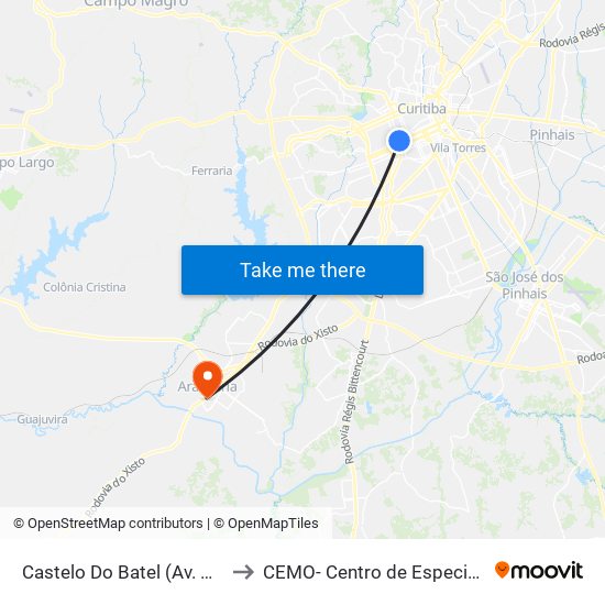 Castelo Do Batel (Av. Visconde De Guarapuava, 4610) to CEMO- Centro de Especialidades Médicas e Odontológicas map