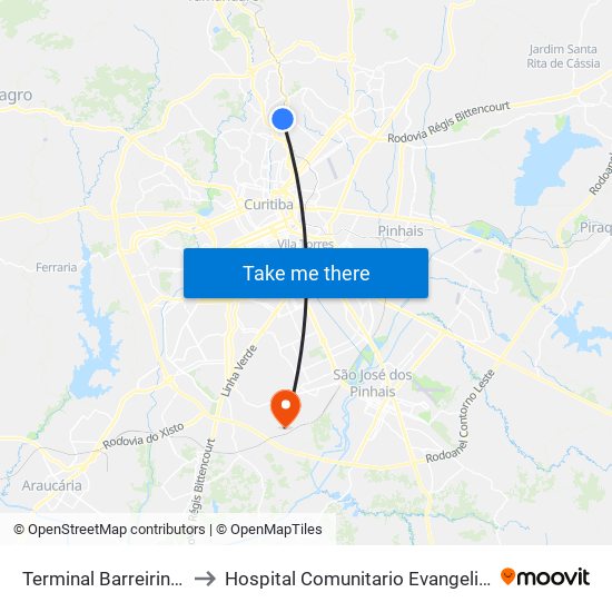 Terminal Barreirinha to Hospital Comunitario Evangelico map