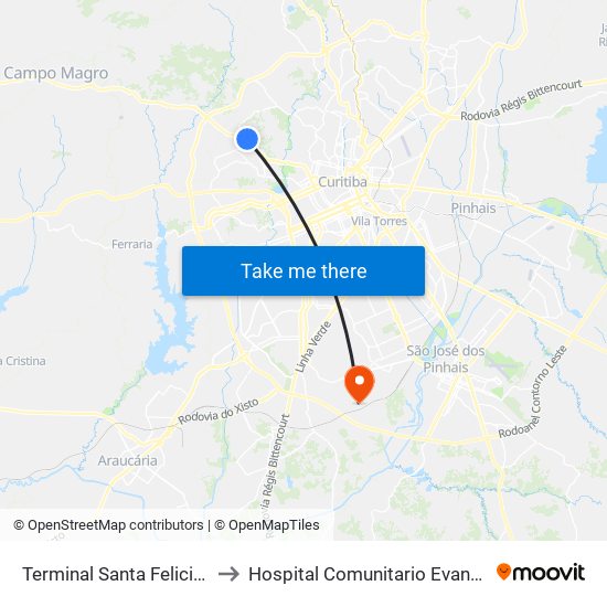 Terminal Santa Felicidade to Hospital Comunitario Evangelico map
