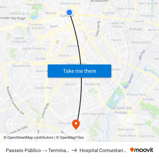 Passeio Público → Terminal Santa Cândida to Hospital Comunitario Evangelico map
