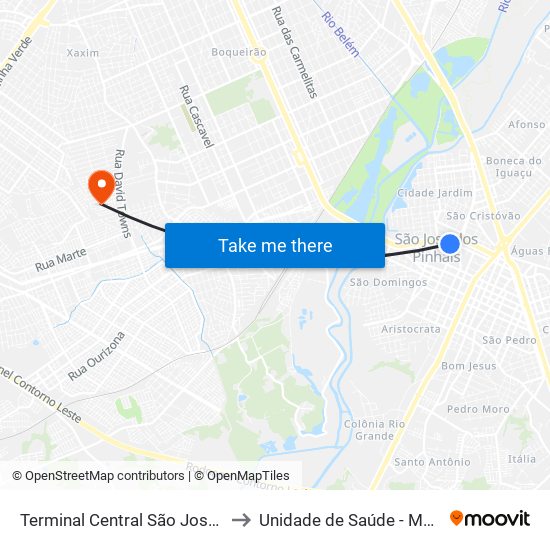 Terminal Central São José Dos Pinhais to Unidade de Saúde -  Maria Angélica map