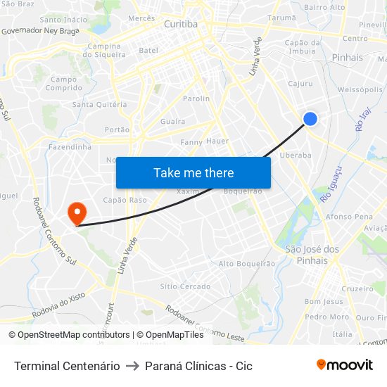 Terminal Centenário to Paraná Clínicas - Cic map