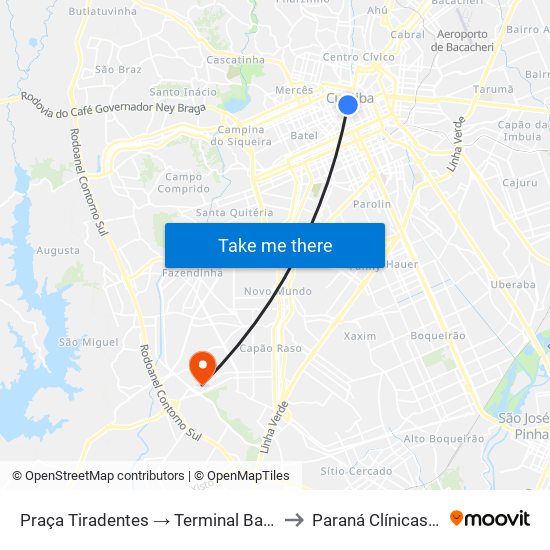 Praça Tiradentes → Terminal Bairro Alto to Paraná Clínicas - Cic map