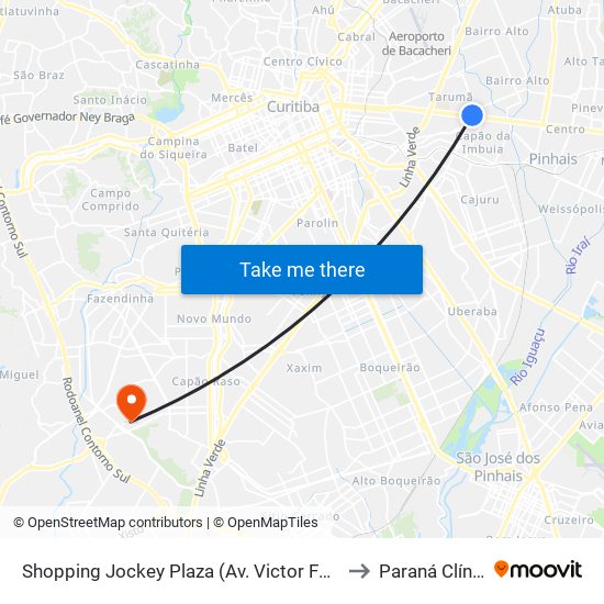 Shopping Jockey Plaza (Av. Victor Ferreira Do Amaral, 2300) to Paraná Clínicas - Cic map