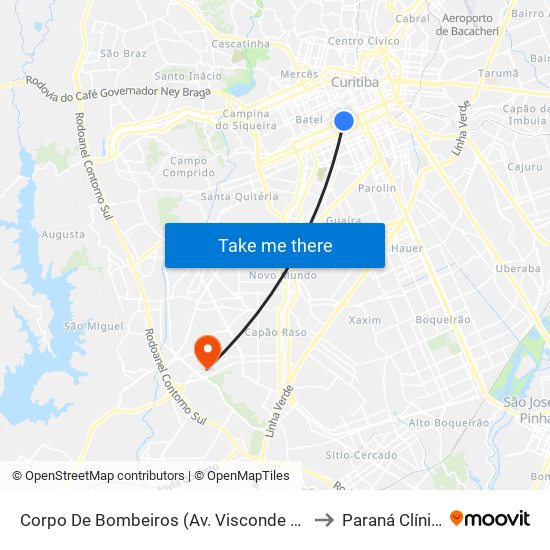 Corpo De Bombeiros (Av. Visconde De Guarapuava, 3571) to Paraná Clínicas - Cic map