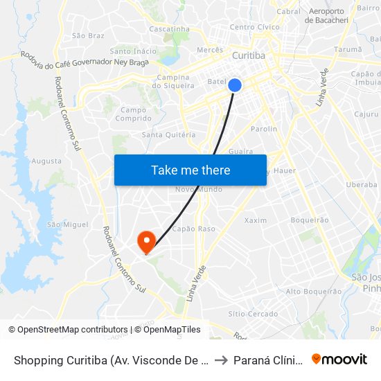 Shopping Curitiba (Av. Visconde De Guarapuava, 3850) to Paraná Clínicas - Cic map