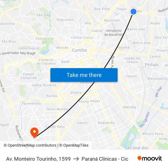 Av. Monteiro Tourinho, 1599 to Paraná Clínicas - Cic map