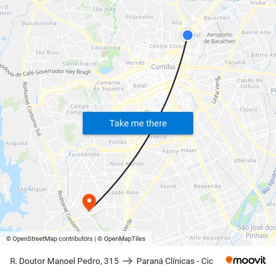 R. Doutor Manoel Pedro, 315 to Paraná Clínicas - Cic map