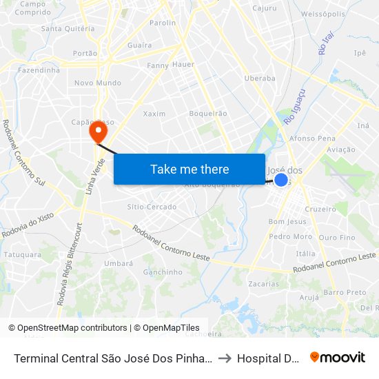 Terminal Central São José Dos Pinhais to Hospital Dos Olhos map