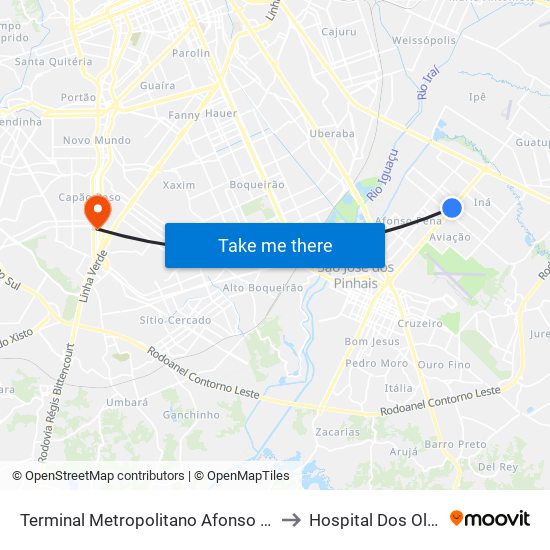 Terminal Metropolitano Afonso Pena to Hospital Dos Olhos map