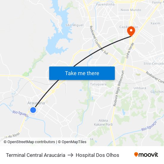 Terminal Central Araucária to Hospital Dos Olhos map