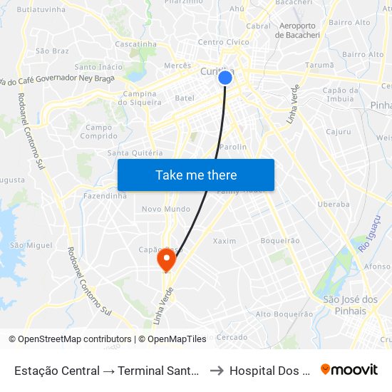 Estação Central → Terminal Santa Cândida to Hospital Dos Olhos map