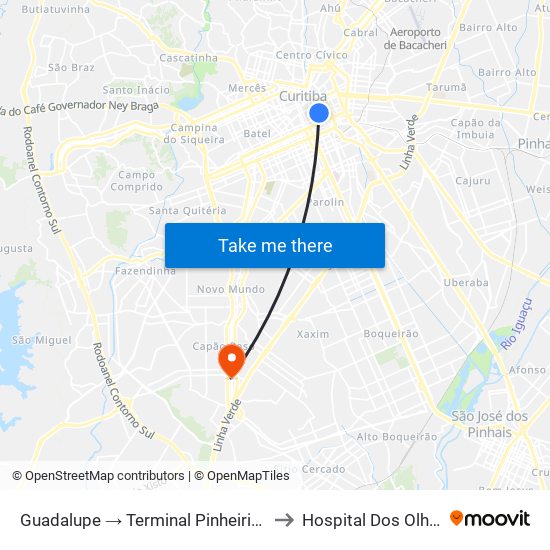 Guadalupe → Terminal Pinheirinho to Hospital Dos Olhos map