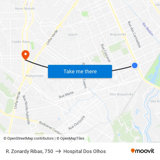 R. Zonardy Ribas, 750 to Hospital Dos Olhos map