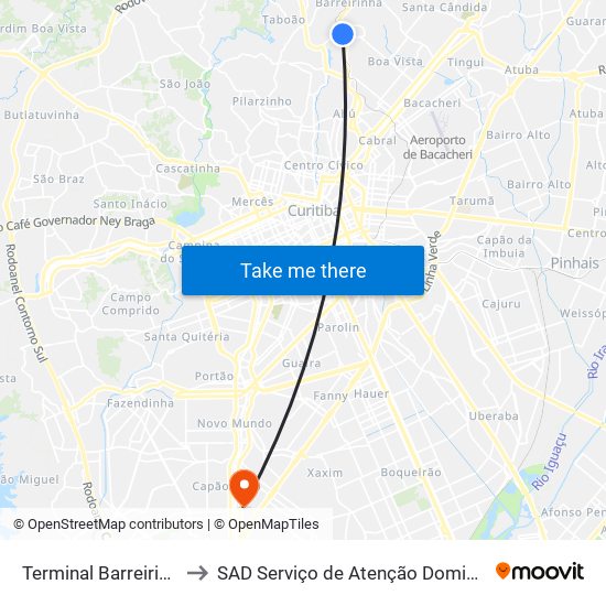 Terminal Barreirinha to SAD Serviço de Atenção Domiciliar map