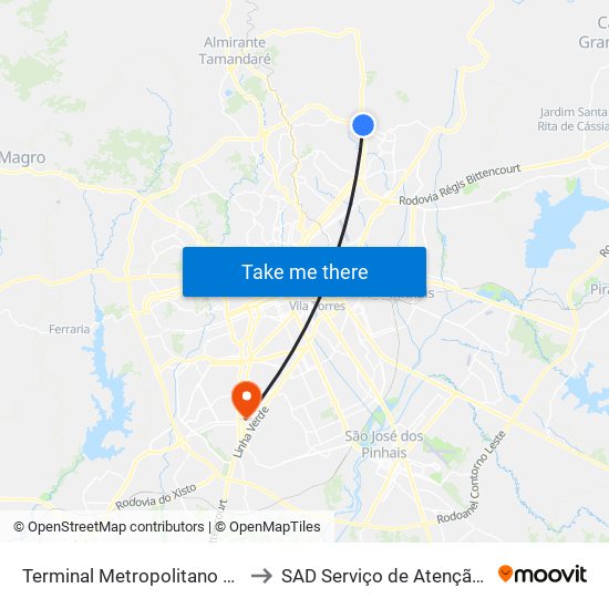 Terminal Metropolitano Roça Grande to SAD Serviço de Atenção Domiciliar map