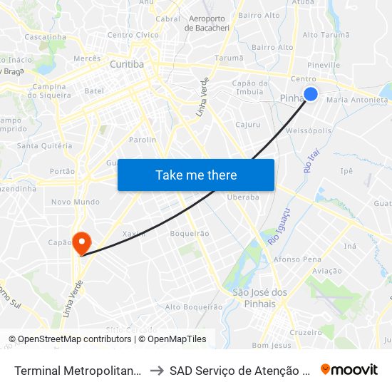 Terminal Metropolitano Pinhais to SAD Serviço de Atenção Domiciliar map