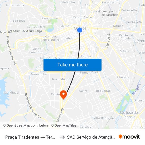 Praça Tiradentes → Terminal Pinhais to SAD Serviço de Atenção Domiciliar map