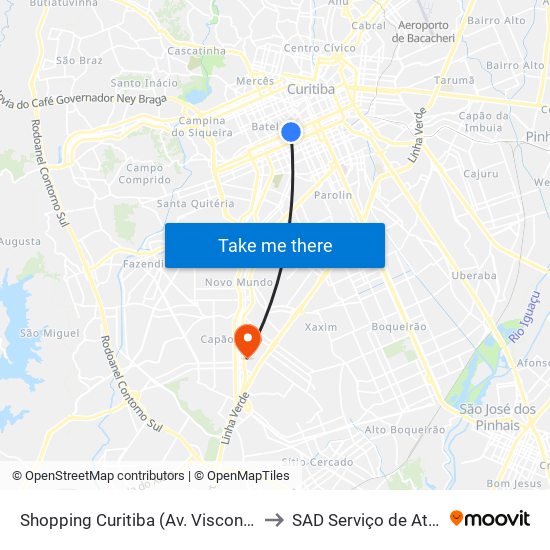 Shopping Curitiba (Av. Visconde De Guarapuava, 3850) to SAD Serviço de Atenção Domiciliar map