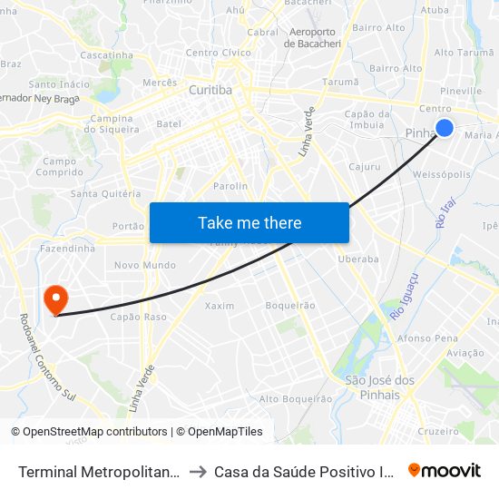 Terminal Metropolitano Pinhais to Casa da Saúde Positivo Informática map