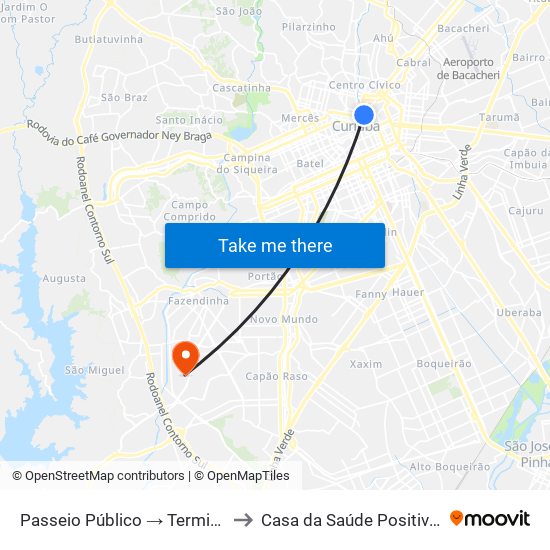 Passeio Público → Terminal Capão Raso to Casa da Saúde Positivo Informática map