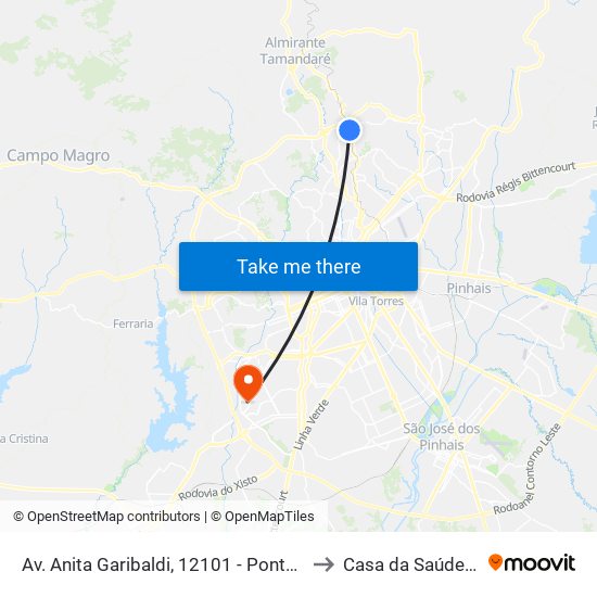 Av. Anita Garibaldi, 12101 - Ponto De Integração Temporal (Desembarque) to Casa da Saúde Positivo Informática map