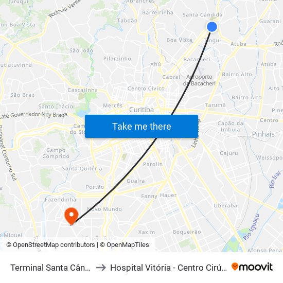 Terminal Santa Cândida to Hospital Vitória - Centro Cirúrgico map