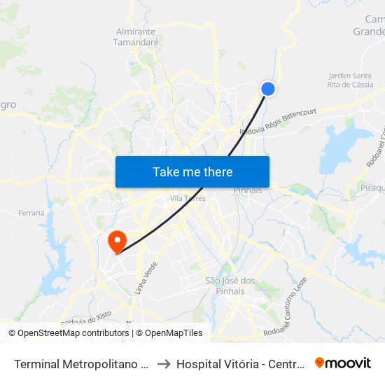 Terminal Metropolitano Guaraituba to Hospital Vitória - Centro Cirúrgico map