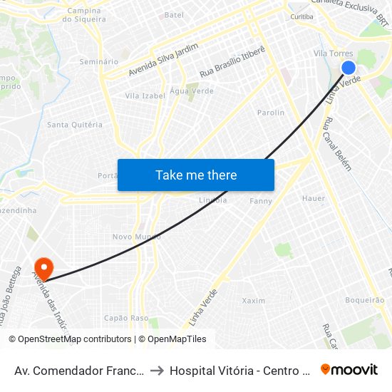 Av. Comendador Franco, 1689 to Hospital Vitória - Centro Cirúrgico map