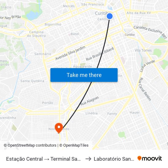 Estação Central → Terminal Santa Cândida to Laboratório Santa Cruz map