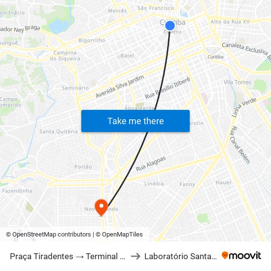 Praça Tiradentes → Terminal Pinhais to Laboratório Santa Cruz map