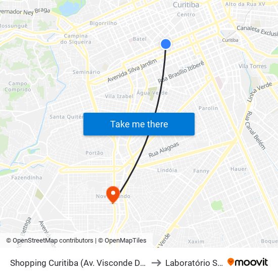 Shopping Curitiba (Av. Visconde De Guarapuava, 3850) to Laboratório Santa Cruz map