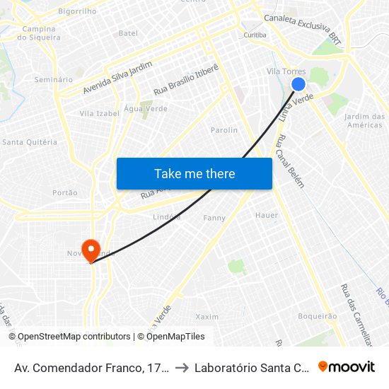 Av. Comendador Franco, 1731 to Laboratório Santa Cruz map