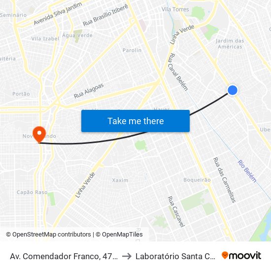 Av. Comendador Franco, 4700 to Laboratório Santa Cruz map