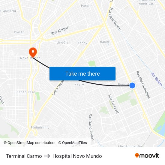 Terminal Carmo to Hospital Novo Mundo map