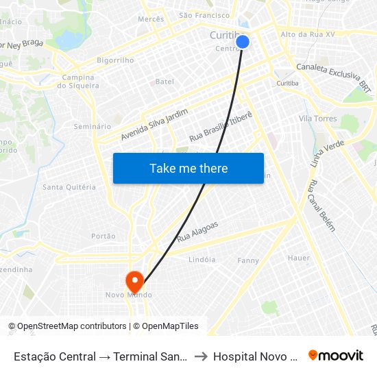 Estação Central → Terminal Santa Cândida to Hospital Novo Mundo map